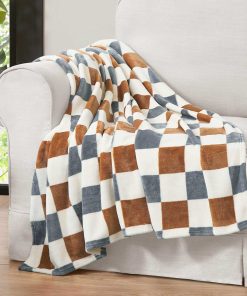 Emery Checkerbaord Plush Throw in Rust & Grey