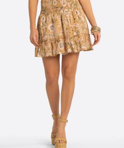 JS Jessica Simpson Adeline Smocked Waist Skirt in Camel Victorian Paisley