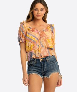 JS Jessica Simpson Cozette Peplum Blouse in Multi Celestial Patchwork