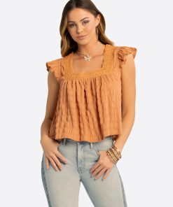 JS Jessica Simpson Dani Lace Trimmed Blouse in Camel