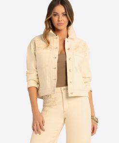 JS Jessica Simpson Pleat Back Denim Jacket  in Undyed Natural