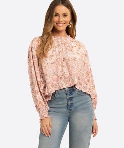 JS Jessica Simpson Anaya Mock Neck Blouse in Shell-Calia Paisley