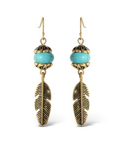 Turquoise Bead Feather Drop Earrings in Gold