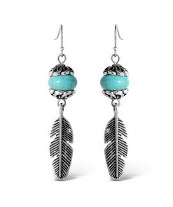 Turquoise Bead Feather Drop Earrings in Silver