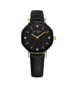 Metallized Bezel Strap Watch in Black & Gold Tone