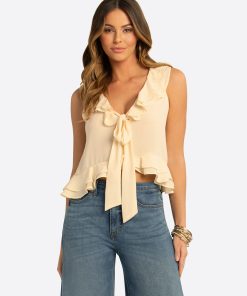 JS Jessica Simpson Trea Ruffle Tie Top in Whitecap Gray