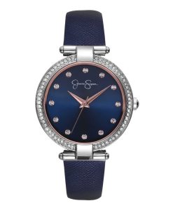 Crystal Bezel Navy Strap Watch in Silver Tone